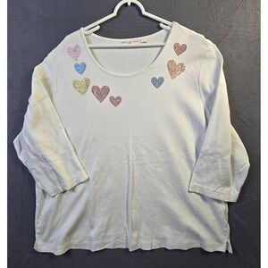 Quacker Factory Shirt 3X White Rhinestone Hearts Valentines Bling Valentine's